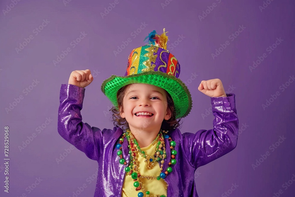 Enfant heureux avec masque pour le Mardi Gras avec confettis Enfant heureux avec masque pour le Mardi Gras avec confettis