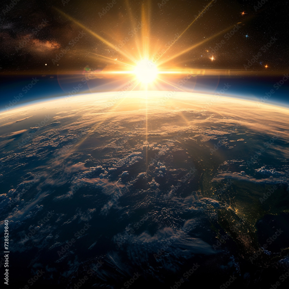 Sunlight ascending over Earth in outer space, ai technology