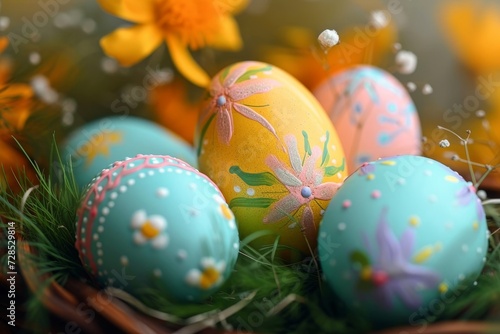 An easter basket brimming with vibrant, hand-painted eggs, nestled among delicate flowers and plants, evoking the joy and tradition of egg decorating during the spring season