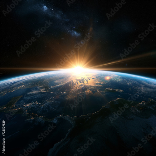 Sunlight ascending over Earth in outer space, ai technology