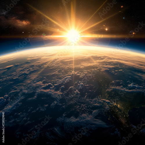 Sunlight ascending over Earth in outer space, ai technology