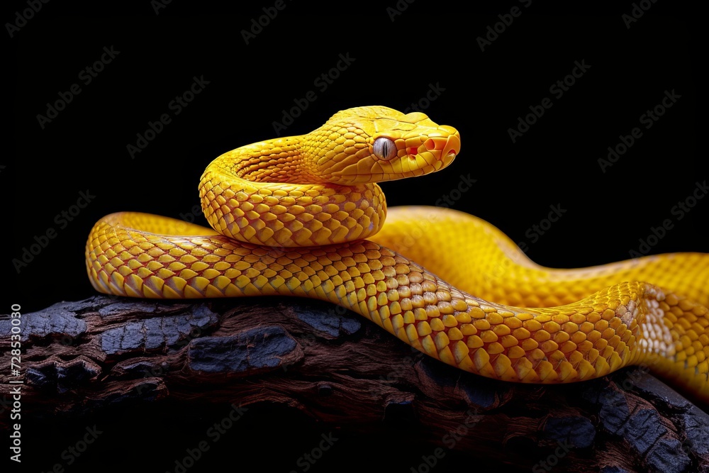 A vibrant yellow viper perches upon a rocky outcrop, its sleek and scaled form exuding a powerful yet elegant presence in the midst of its natural grassland habitat A vibrant yellow viper perches upon a rocky outcrop, its sleek and scaled form exuding a powerful yet elegant presence in the midst of its natural grassland habitat