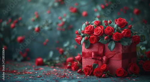 Elegant red roses arranged in a gift box with petals scattered on a moody blue background.