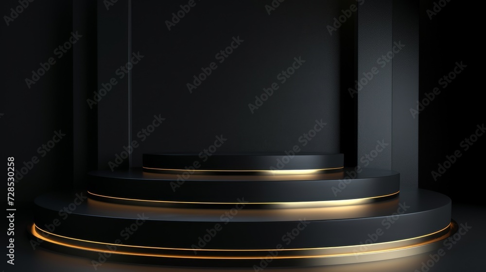 An empty round, black podium shape, with a golden outline, for product demonstration, on a black background, minimalism.