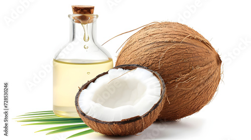 Coconut oil dripping from coconut cut in half with bottle isolated on white background