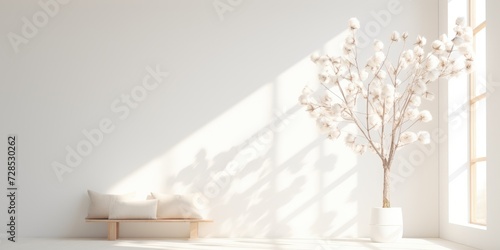 White-toned interior design with sunlight and a wooden cotton tree.