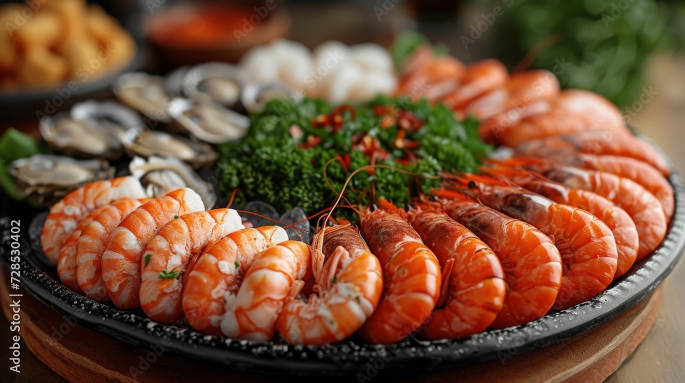 Fresh Seafood Platter, an elegant display of fresh seafood, including lobster, shrimp, and oysters, arranged on a platter. Fresh Seafood Platter, an elegant display of fresh seafood, including lobster, shrimp, and oysters, arranged on a platter.