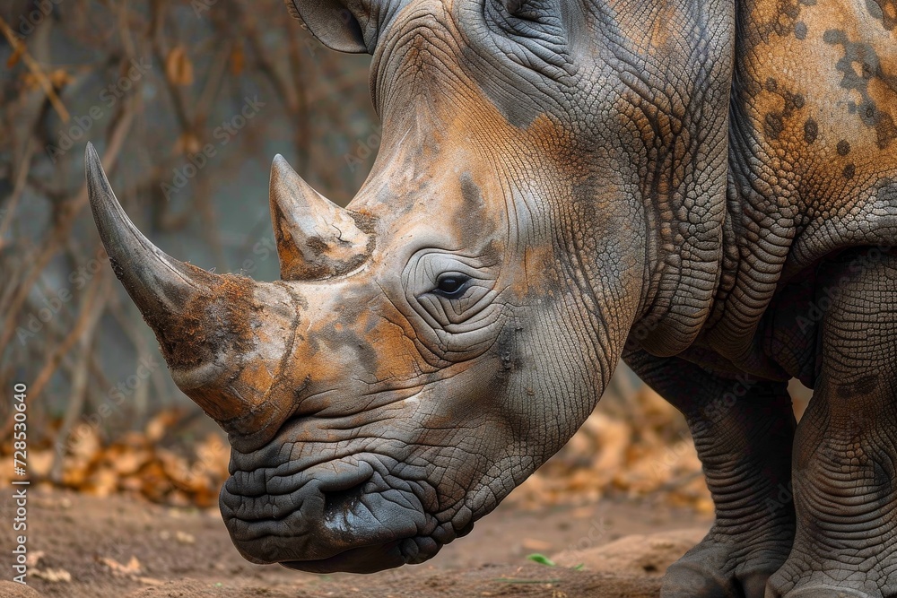 Fototapeta premium A magnificent white rhinoceros stands tall, its impressive horn glistening in the sun, embodying the strength and beauty of a powerful terrestrial mammal in the wild