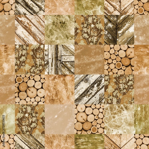 Seamless pattern in mosaic style. Digital image with hand-painted texture. Mixed media endless motif for decor and design.