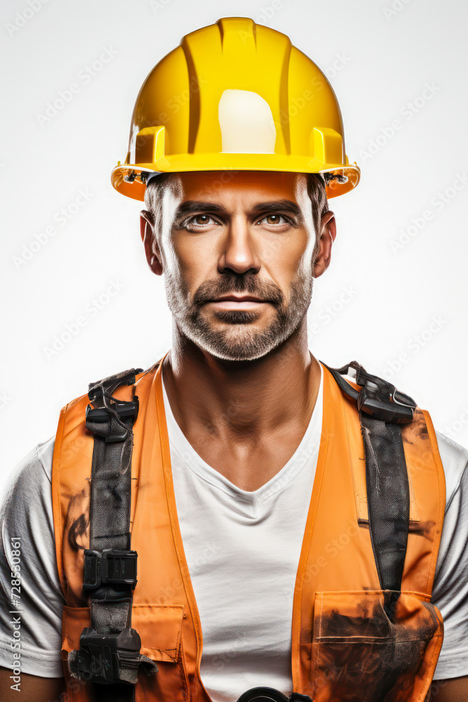 Construction engeneer with hard helmet looking at camera isolated on white Construction engeneer with hard helmet looking at camera isolated on white