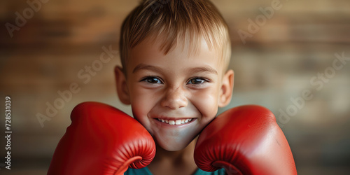 Smiling Child Boy with Red Boxing Gloves. Close-up of a cheerful young boy with red boxing gloves looking confident, copy space.
