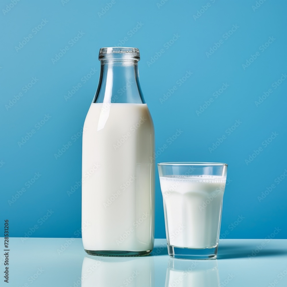 A full glass bottle of milk, and a glass of milk, on a blue background. A full glass bottle of milk, and a glass of milk, on a blue background.