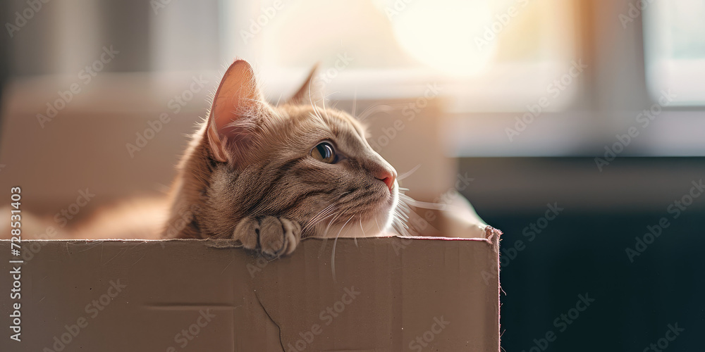 Fototapeta premium Curious orange Tabby cat peeking out from an open cardboard box. Creative concept for moving into a new apartment with pets.