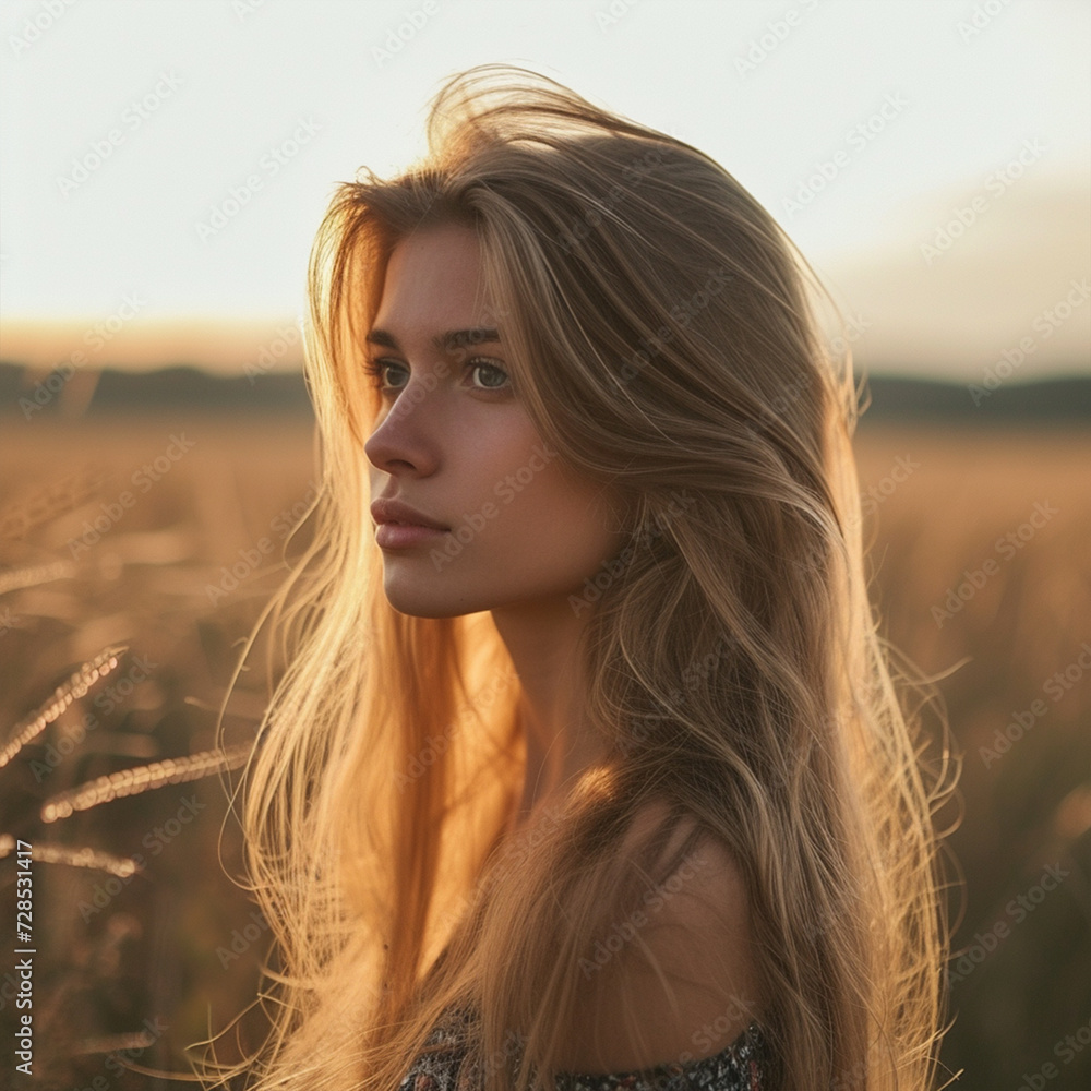 Fototapeta premium Thoughtful young woman with long blond hair on field blurred background, ai technology