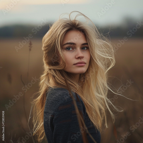 Thoughtful young woman with long blond hair on field blurred background, ai technology