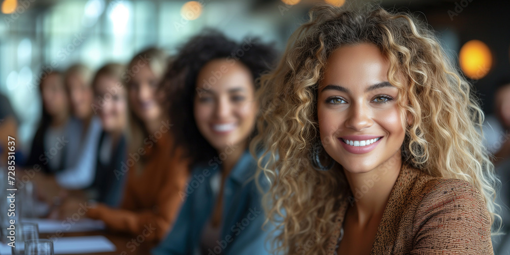 Fototapeta premium Smiling group of diverse businesspeople working together around a meeting table in an office complex lobby.