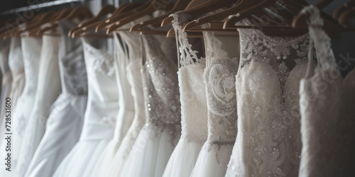 Elegant Wedding Dresses on Hangers. White lace wedding  display. Simple background wallpaper for wedding dresses shop banner.