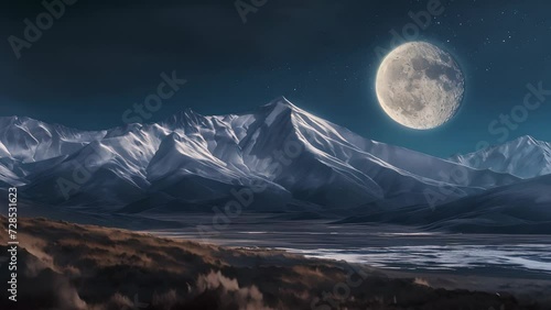 Under a night sky illuminated by a full moon, a snow-capped mountain soars majestically, its peak lit by the moonlight. The air is crisp and clear, and the combination of the mountain and the moon evo photo