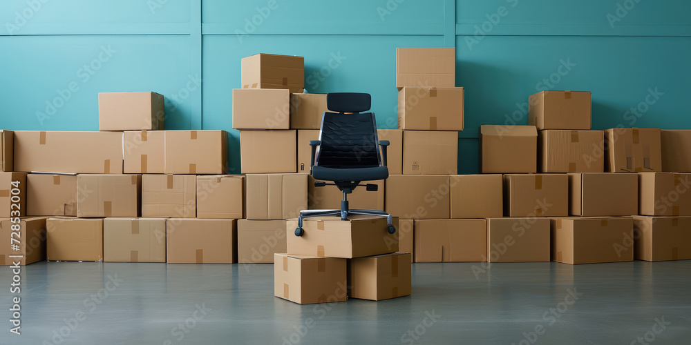 Office Relocation - Modern empty office chair, pile of stacked cardboard boxes, symbolizing moving in new office. Office Relocation - Modern empty office chair, pile of stacked cardboard boxes, symbolizing moving in new office.