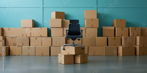 Office Relocation - Modern empty office chair, pile of stacked cardboard boxes, symbolizing moving in new office. © dinastya