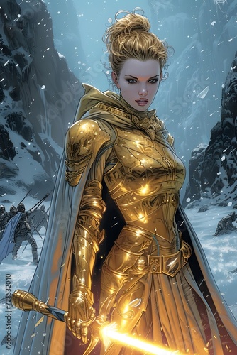 Blonde female fantasy Knight with golden glowing sword