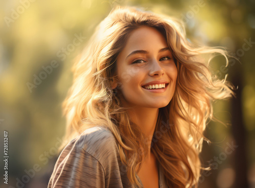 Cheerful Female Portrait with Happy Smile, Young Lady Enjoying Nature Outdoors in a Green Park