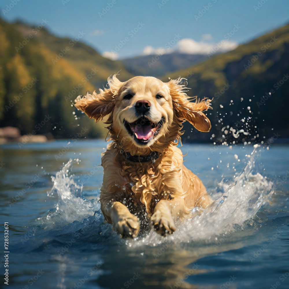 A Golden Retriever splashing joyfully in a lake