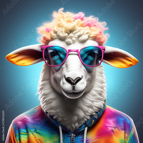 anthropomorphic portrait of a sheep in a rainbow hippie outfit with sunglasses
