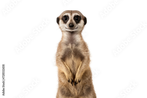 Curious meerkat standing on hind legs isolated on white transparent background.