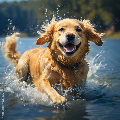 A Golden Retriever splashing joyfully in a lake © Marcel