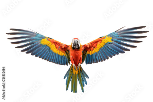 Close-up shot of a macaw spreading its wings and flying isolated on white transparent background. photo