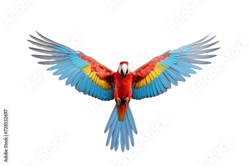 Close-up shot of a macaw spreading its wings and flying isolated on white transparent background.