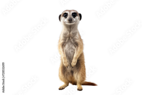 Curious meerkat standing on hind legs isolated on white transparent background.