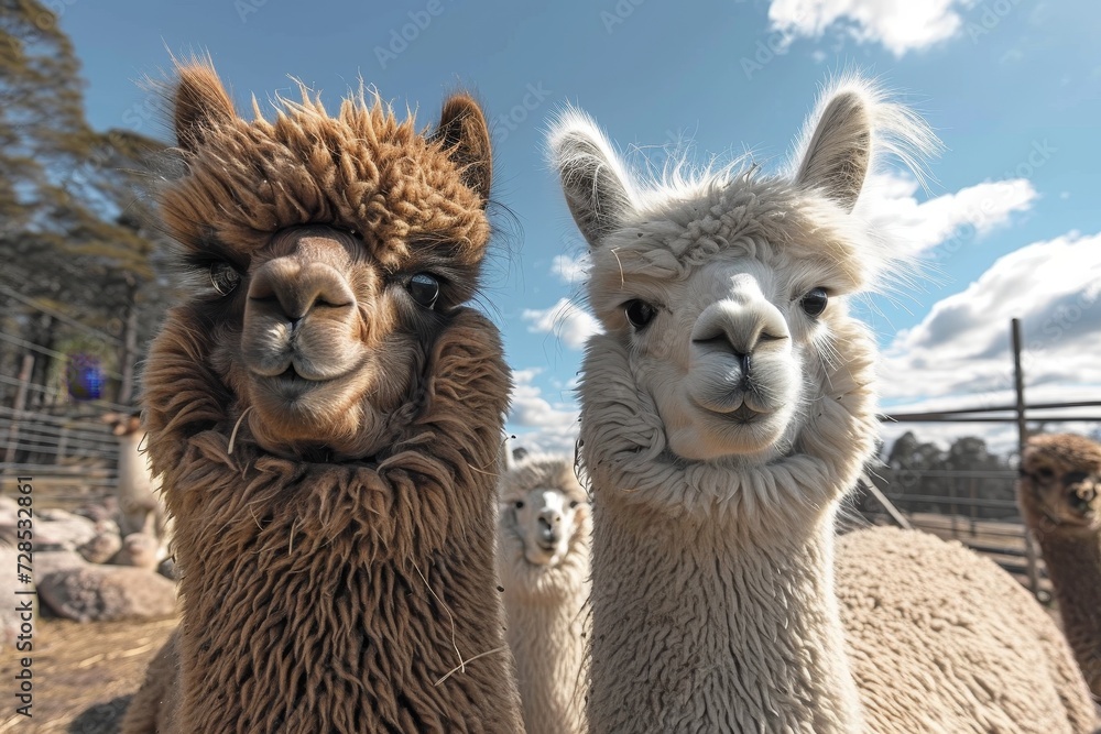 A curious group of terrestrial camelids, with soft fur and gentle gazes, stand on the open ground beneath a vast, blue sky, as they capture our hearts through the lens of the camera