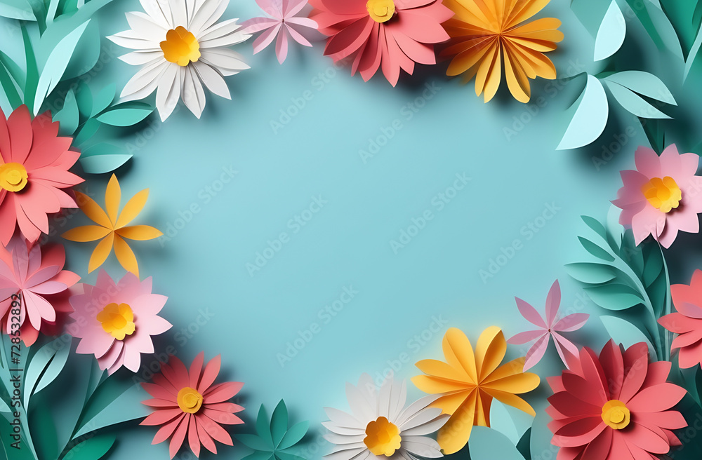 Spring flowers in paper cut style with copy space blue background 