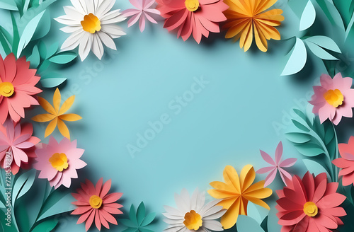 Spring flowers in paper cut style with copy space blue background 