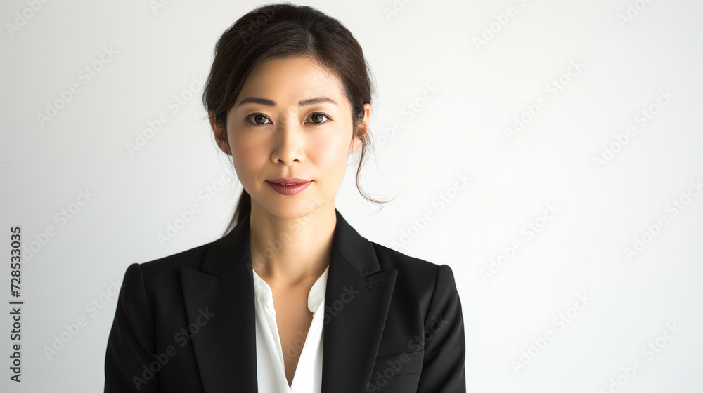 Chinese woman in the business world, radiating leadership and determination against a clean white backdrop Chinese woman in the business world, radiating leadership and determination against a clean white backdrop