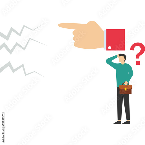 Frustrated businessman boss forgives this mistake and shows another mistake, bad habit of blaming others, forgiving and blaming colleagues or team, selfish or offensive manager concept.