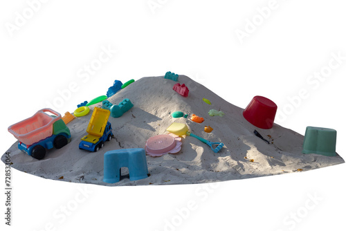 Pile of sand with children's toys in the playground isolated on white background included clipping path.