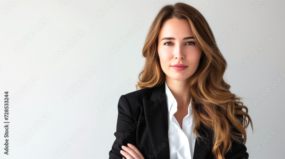 woman in the business world, radiating leadership and determination against a clean white backdrop woman in the business world, radiating leadership and determination against a clean white backdrop