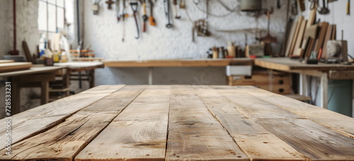 Rustic woodworking table with and blurred wood working tools background for craft and hobby products. 