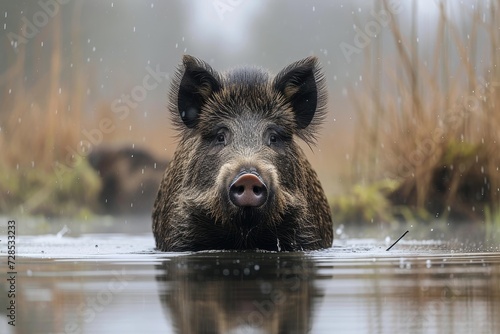 A curious suidae, with a wet snout and muddy hooves, stands in the cool water, surrounded by the beauty of nature © Pinklife
