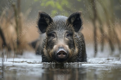 A majestic boar stands confidently in the water, embodying the resilience and adaptability of terrestrial animals in their natural habitat © Pinklife