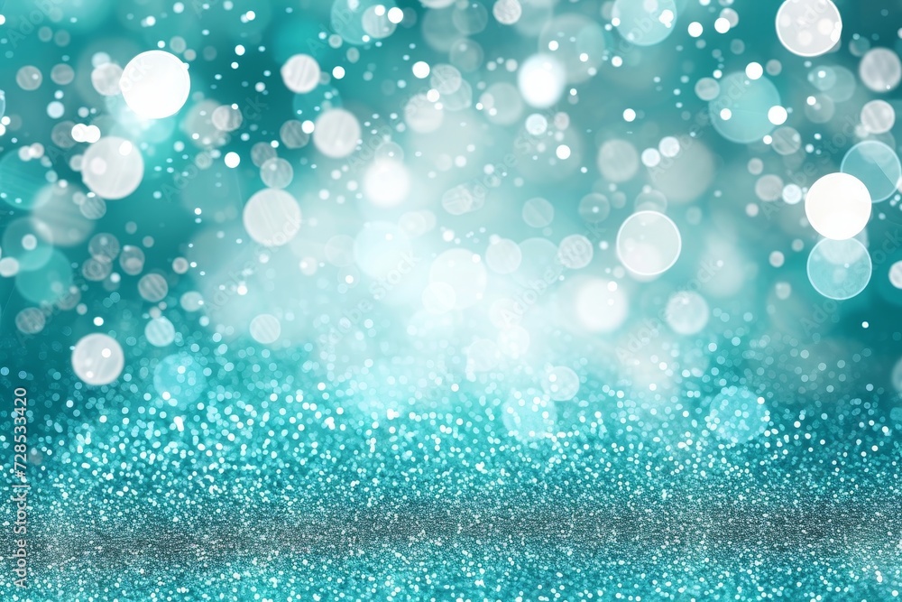 A stunning display of vibrant colorfulness, as aqua and turquoise hues blend together in a winter wonderland, creating a mesmerizing blur of blue and white glitter
