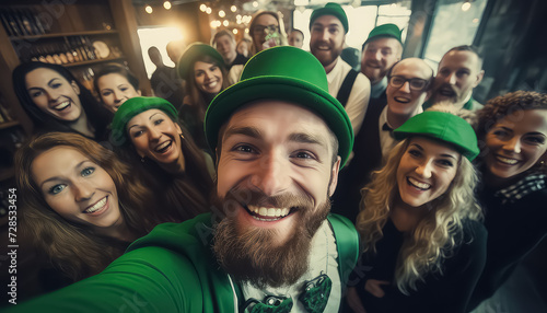 , concept St.Patrick 's DayJoyful people taking selfies together in bar