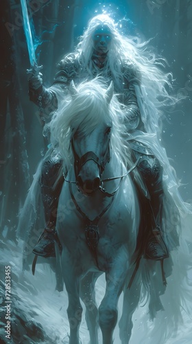 Icy fantasy warrior in white cloak and white hair on a white horse