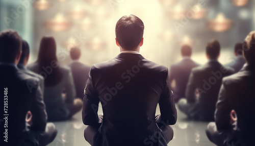Group of people in business suits meditating in office ,business concept