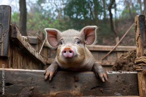 A curious domestic pig peers through the wooden fence, its snout pressed against the cool surface as it gazes out at the vast outdoor world beyond © Pinklife