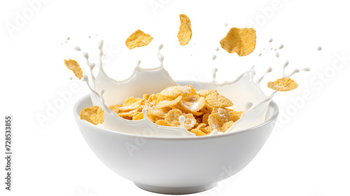 Corn flakes with milk splash in white bowl isolated on white background 