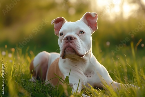 white American Bully dog on grassy lawn, in the style of intense and dramatic lighting, American Bully 